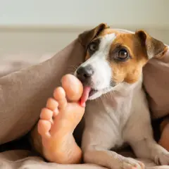 Piesek Jack Russell Terrier pod kołdrą liże ludzką stopę. To jego sposób na okazywanie czułości i troski, a może po prostu lubi słony smak?