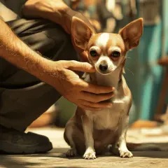 Mała, wściekła chihuahua z wielkimi uszami siedzi na ziemi, podczas gdy mężczyzna delikatnie głaszcze ją po głowie.
