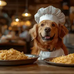 Szef kuchni, pies rasy golden retriever, w czapce kucharskiej i fartuchu, z uśmiechem spogląda na talerze pełne makaronu. Czy psy mogą jeść makaron?