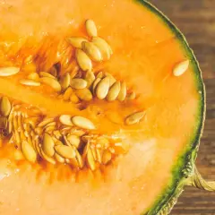 Przekrojony melon z pestkami. Czy pies może jeść melona? Tak, ale bez pestek i skórki.