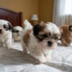 Urocze szczenięta Shih Tzu, idealne do wyboru imiona. Wesoła gromadka na białym tle.