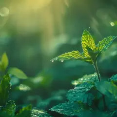 Zielona, wilgotna mięta dla psa, oświetlona słońcem. Krople rosy na liściach tworzą magiczny blask.