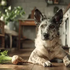 Pies leży obok korzenia pietruszki, zastanawiając się, czy pies może jeść korzeń pietruszki.