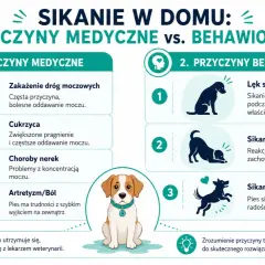 Ilustracja przedstawia przyczyny medyczne i behawioralne sikania w domu u rocznego psa, w tym problemy z drogami moczowymi, cukrzycę, choroby nerek, artretyzm, lęk separacyjny, uległość i ekscytację.