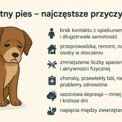 Smutny szczeniak w nowym domu, z opuszczonymi uszami i smutną miną, siedzi obok listy przyczyn psiego smutku.