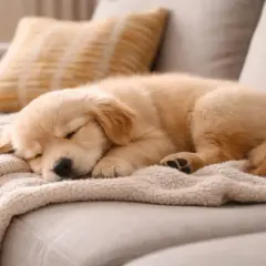Słodki szczeniak golden retriever śpi na kanapie, czasem cicho piszczy przez sen, marząc o zabawach.