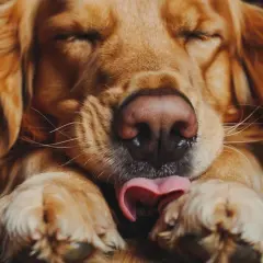 Złoty retriever, z zamkniętymi oczami, liże się w nocy, wyciągając różowy język do łapy.