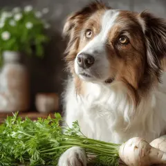 Pies z zaciekawieniem patrzy na pęczek zielonej pietruszki i dwa korzenie. Czy pies może jeść pietruszkę?