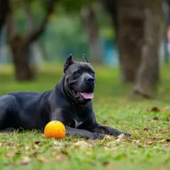 Potężny cane corso z człowiekiem w tle odpoczywa na trawie obok pomarańczowej piłki.