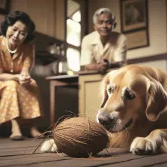 Złoty retriever, nasz kochany kokos pies, bada tajemniczy kokos na drewnianej podłodze. W tle uśmiechnięci starsi ludzie.