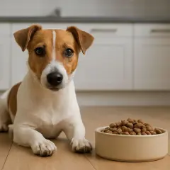 Jack Russell leży obok miski pełnej karmy monobiałkowej, czekając na posiłek.