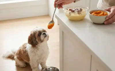 Czy pies może jeść budyń? Mały piesek Shih Tzu z zaciekawieniem patrzy na łyżkę z pomarańczowym puree, podczas gdy obok stoi miska z budyniem.