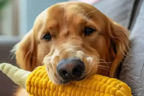 Złoty retriever z zabawką w kształcie kolby kukurydzy. Czy pies może jeść kukurydzę? To pytanie nurtuje wielu właścicieli czworonogów.