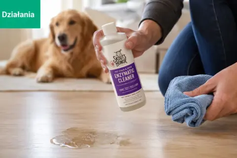 Złoty retriever leży na dywanie, podczas gdy osoba klęczy obok, trzymając butelkę środka czyszczącego i niebieską ściereczkę. Plama na podłodze sugeruje, że pies sika z radości.