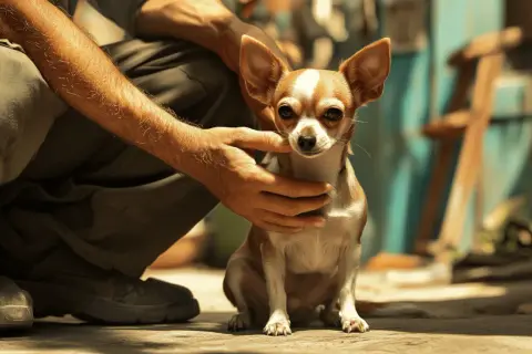 Mała, wściekła chihuahua z wielkimi uszami siedzi na ziemi, podczas gdy mężczyzna delikatnie głaszcze ją po głowie.