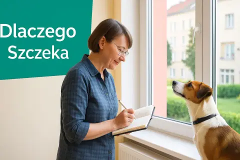 Kobieta notuje, a pies szczeka bez powodu, patrząc przez okno.