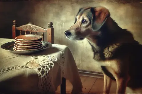 Pies z zaciekawieniem spogląda na stos naleśników. Czy pies może jeść naleśniki?