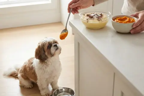 Czy pies może jeść budyń? Mały piesek Shih Tzu z zaciekawieniem patrzy na łyżkę z pomarańczowym puree, podczas gdy obok stoi miska z budyniem.