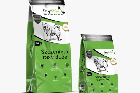 Dwie torby karmy DogShield dla szczeniąt ras dużych. Czy dorosły pies może jeść karmę dla szczeniąt? Ta karma jest dla nich.