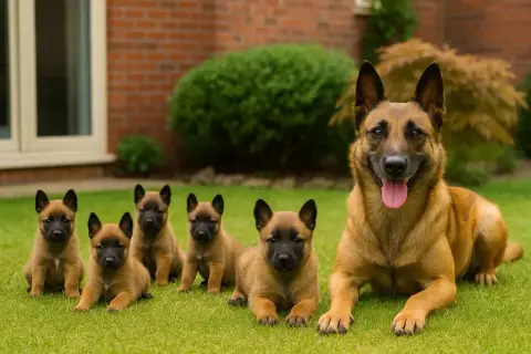 Urocza rodzina owczarków belgijskich malinois. Czy owczarek niemiecki jest agresywny? Te szczenięta i ich mama wyglądają na bardzo przyjazne!