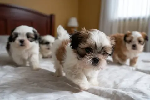 Urocze szczenięta Shih Tzu, idealne do wyboru imiona. Wesoła gromadka na białym tle.