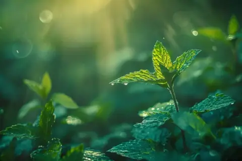 Zielona, wilgotna mięta dla psa, oświetlona słońcem. Krople rosy na liściach tworzą magiczny blask.