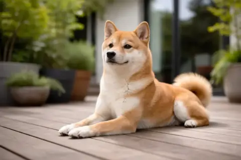 Shiba Inu leżący na drewnianym tarasie, z tyłu rośliny w donicach.