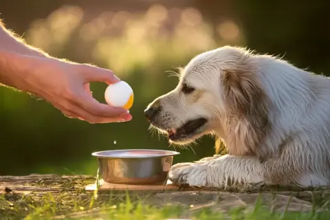 Złocisty retriever z zaciekawieniem patrzy na rękę trzymającą jajko. Czy pies może jeść surowe żółtko?