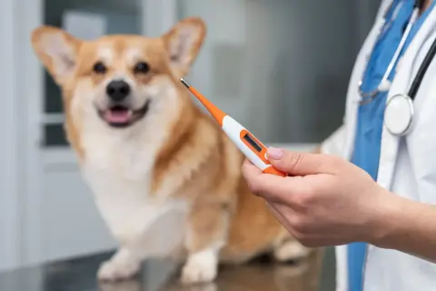 Weterynarz mierzy temperaturę corgi. Jaka temperatura dla psa w domu jest optymalna?
