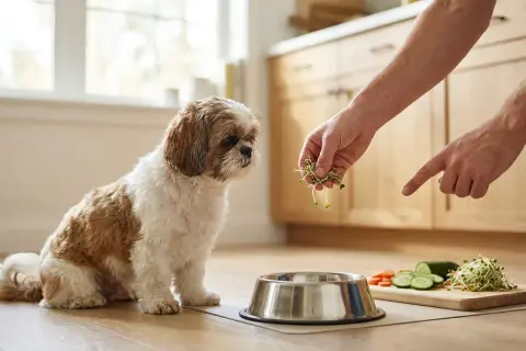 Mały piesek patrzy na rękę, która podaje mu kiełki. Zastanawiasz się, czy pies może jeść agrest?