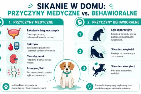 Ilustracja przedstawia przyczyny medyczne i behawioralne sikania w domu u rocznego psa, w tym problemy z drogami moczowymi, cukrzycę, choroby nerek, artretyzm, lęk separacyjny, uległość i ekscytację.