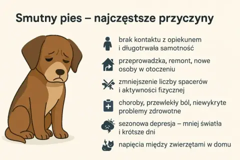Smutny szczeniak w nowym domu, z opuszczonymi uszami i smutną miną, siedzi obok listy przyczyn psiego smutku.