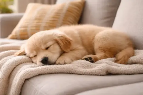 Słodki szczeniak golden retriever śpi na kanapie, czasem cicho piszczy przez sen, marząc o zabawach.