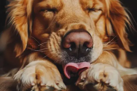 Złoty retriever, z zamkniętymi oczami, liże się w nocy, wyciągając różowy język do łapy.