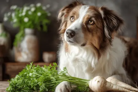 Pies z zaciekawieniem patrzy na pęczek zielonej pietruszki i dwa korzenie. Czy pies może jeść pietruszkę?
