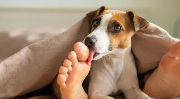 Piesek Jack Russell Terrier pod kołdrą liże ludzką stopę. To jego sposób na okazywanie czułości i troski, a może po prostu lubi słony smak?