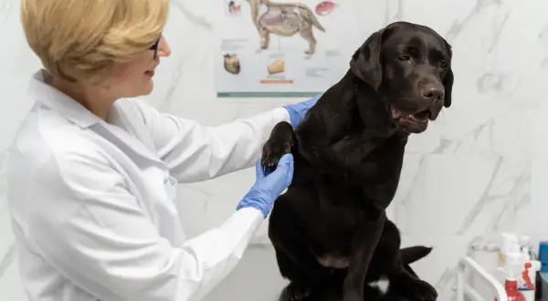 Weterynarz bada łapę czekoladowego labradora. Pies wygląda na zaniepokojonego, jakby bał się, że dostanie zastrzyk zamiast czekolady dla psa.