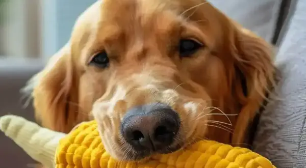 Złoty retriever z zabawką w kształcie kolby kukurydzy. Czy pies może jeść kukurydzę? To pytanie nurtuje wielu właścicieli czworonogów.