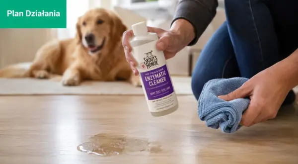 Złoty retriever leży na dywanie, podczas gdy osoba klęczy obok, trzymając butelkę środka czyszczącego i niebieską ściereczkę. Plama na podłodze sugeruje, że pies sika z radości.
