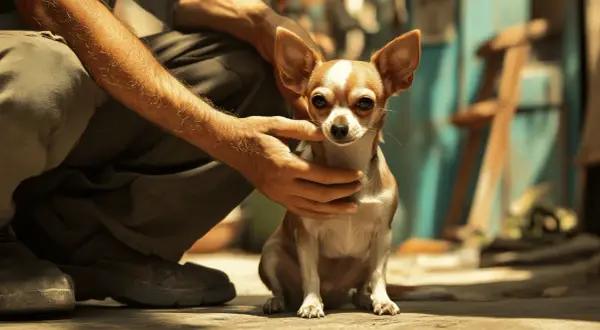 Mała, wściekła chihuahua z wielkimi uszami siedzi na ziemi, podczas gdy mężczyzna delikatnie głaszcze ją po głowie.