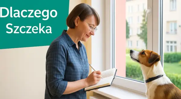 Kobieta notuje, a pies szczeka bez powodu, patrząc przez okno.