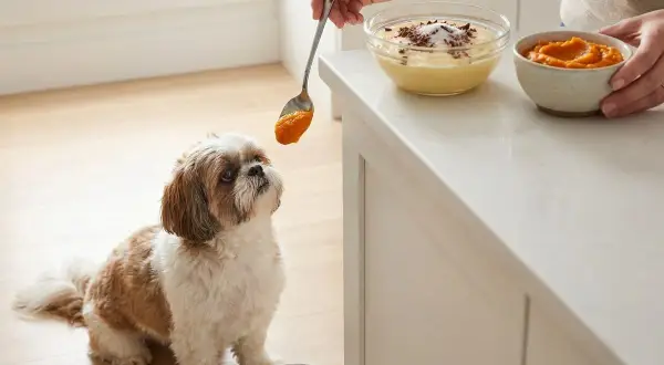 Czy pies może jeść budyń? Mały piesek Shih Tzu z zaciekawieniem patrzy na łyżkę z pomarańczowym puree, podczas gdy obok stoi miska z budyniem.