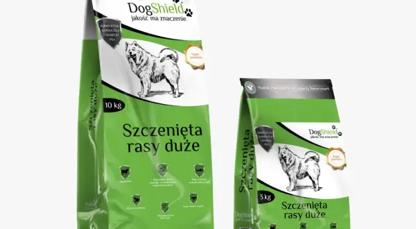 Dwie torby karmy DogShield dla szczeniąt ras dużych. Czy dorosły pies może jeść karmę dla szczeniąt? Ta karma jest dla nich.