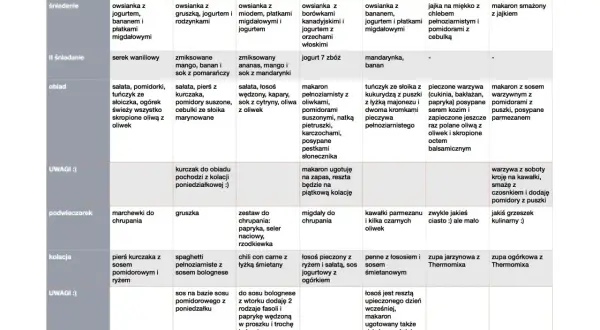 Przykładowy tygodniowy jadłospis dla psa: owsianka, makaron, ryby, warzywa i owoce. Inspiracja do stworzenia własnego jadłospisu.