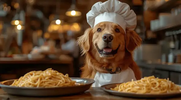 Szef kuchni, pies rasy golden retriever, w czapce kucharskiej i fartuchu, z uśmiechem spogląda na talerze pełne makaronu. Czy psy mogą jeść makaron?