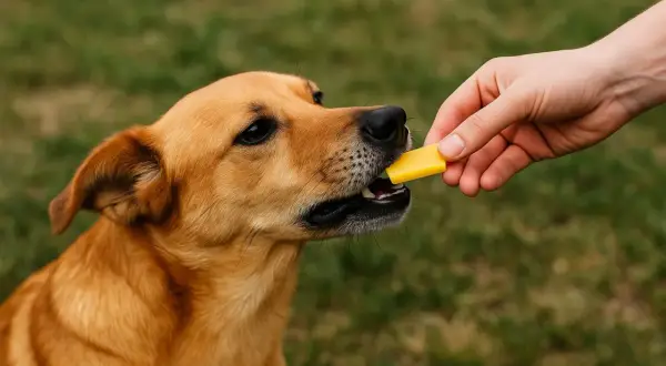 Brązowy piesek zjada kawałek żółtego sera z ręki. Czy pies może jeść ser żółty? Tak, ale z umiarem.
