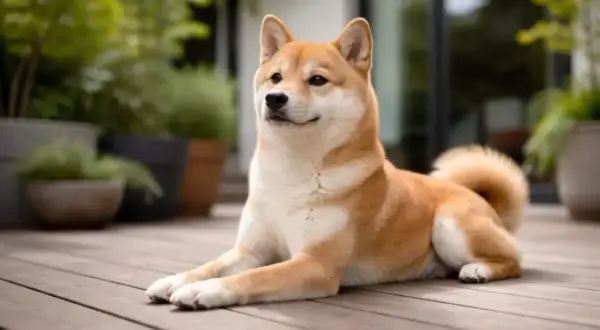 Shiba Inu leżący na drewnianym tarasie, z tyłu rośliny w donicach.