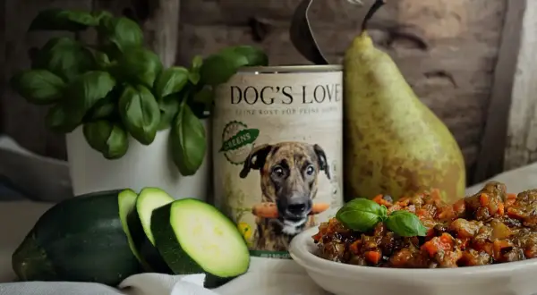Czy pies może jeść rosół? Puszka "Dog's Love" z psem i marchewką, obok cukinia, gruszka i miseczka z jedzeniem.