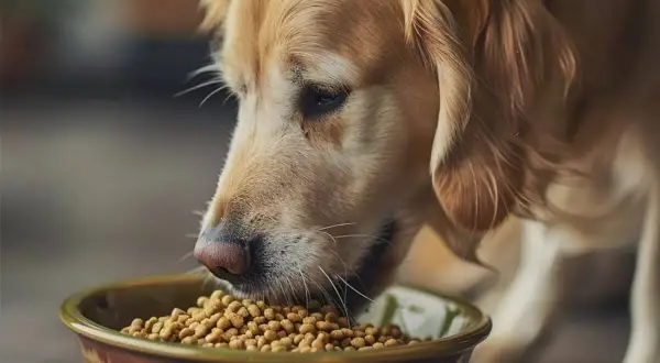 Złoty retriever zajada się karmą z miski. Czy pies może jeść kaszę kuskus? To pytanie nurtuje wielu właścicieli czworonogów.