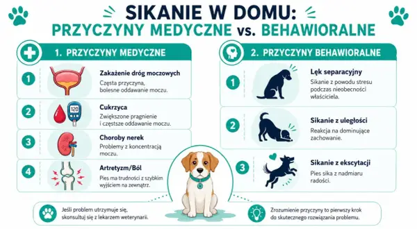 Ilustracja przedstawia przyczyny medyczne i behawioralne sikania w domu u rocznego psa, w tym problemy z drogami moczowymi, cukrzycę, choroby nerek, artretyzm, lęk separacyjny, uległość i ekscytację.